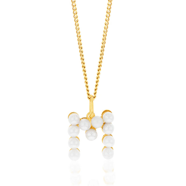 9CT YELLOW GOLD PEARLS INITIAL 'M' PENDANT AND CURB CHAIN Necklace