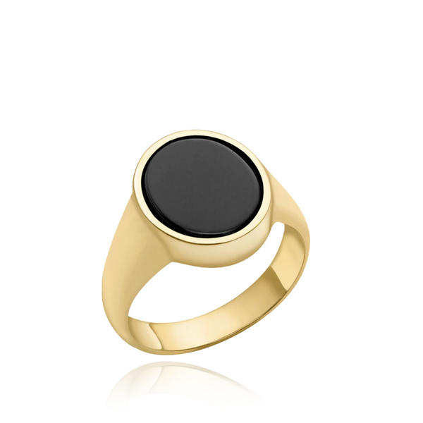9CT YELLOW GOLD ONYX OVAL SIGNET RING