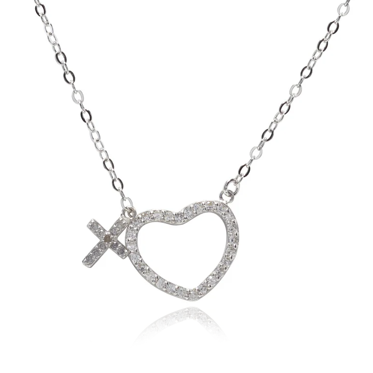 First Communion Sterling Silver CZ Heart and Cross Necklace