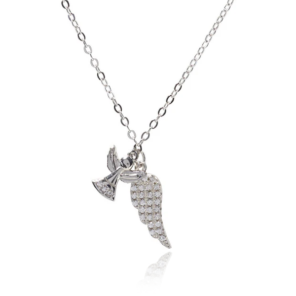 First Communion Sterling Silver CZ Wing & Angel Necklace