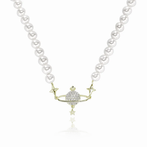 Pearl & Gold Saturn & CZ Necklace