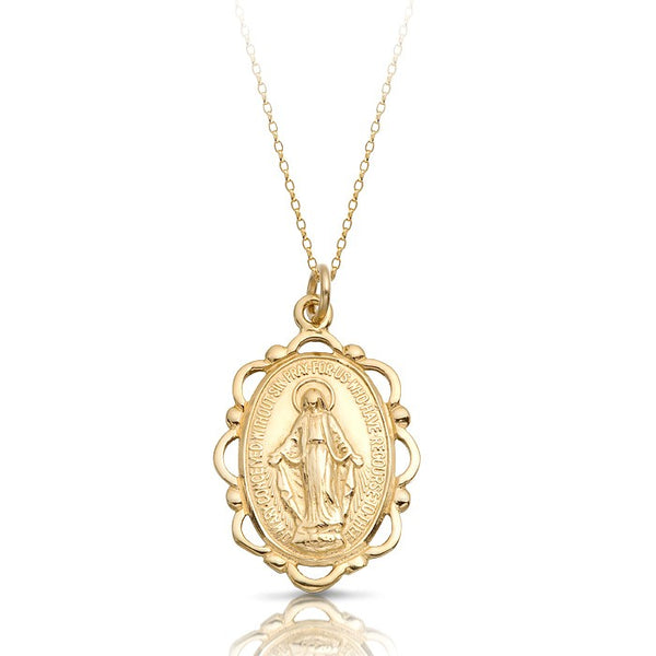 Claddagh 9K Gold Miraculous Medal Round Belcher Chain Necklace
