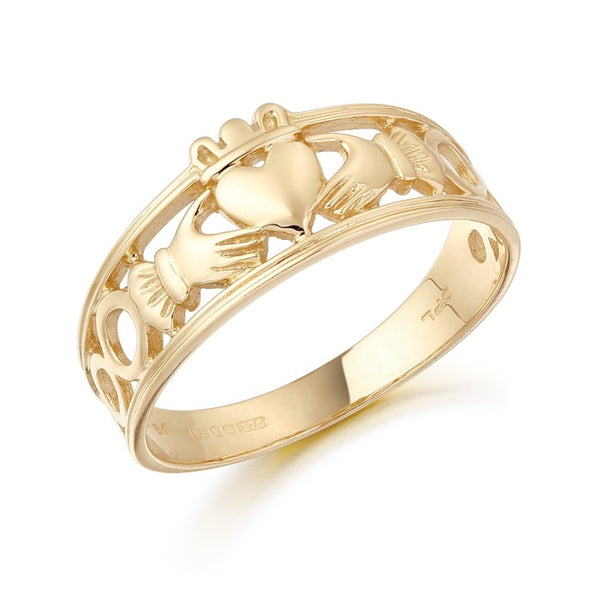Ladies Yellow Gold Claddagh Ring With Celtic Knot Shoulders