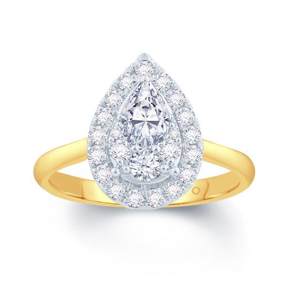 18ct - yellow - gold - pear - cluster - diamond - halo - engagement - ring