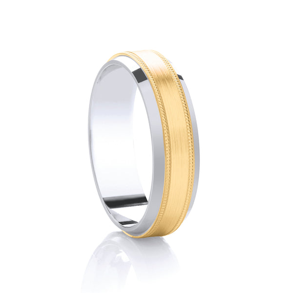 6mm Gents  Flat Court Band with a yellow gold brushed centre, Milgrain beaded detail and  white gold diamond cut bevelled edge wedding band 