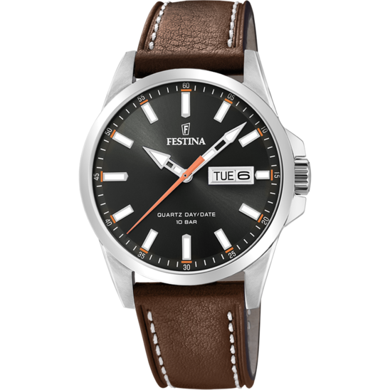 Festina - Gents - brown - leather - strap -watch - round - black - face - date - function 