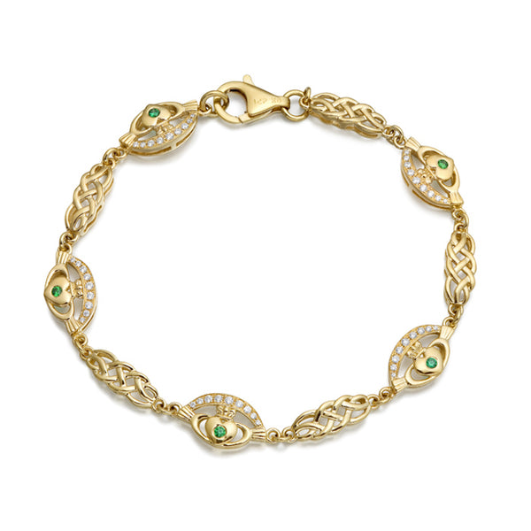 9 carat yellow gold cz cubic zirconia white and green claddagh celtic bracelet