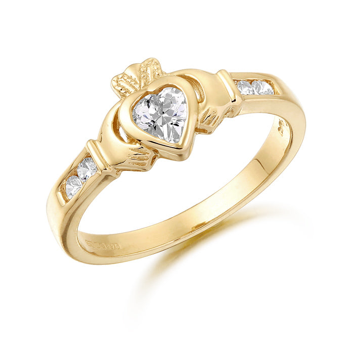 9ct Gold CZ Claddagh Ring with Channel set stone shoulders