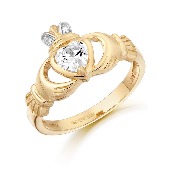 9ct Gold CZ Claddagh Ring with Classic Claw stone setting