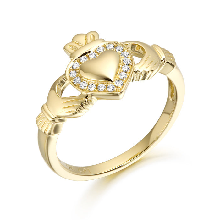 9ct Gold CZ Claddagh Ring with MicroPave Stone setting