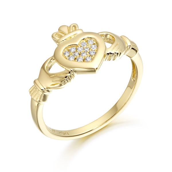 9ct Gold CZ Claddagh Ring with MicroPave Stone setting