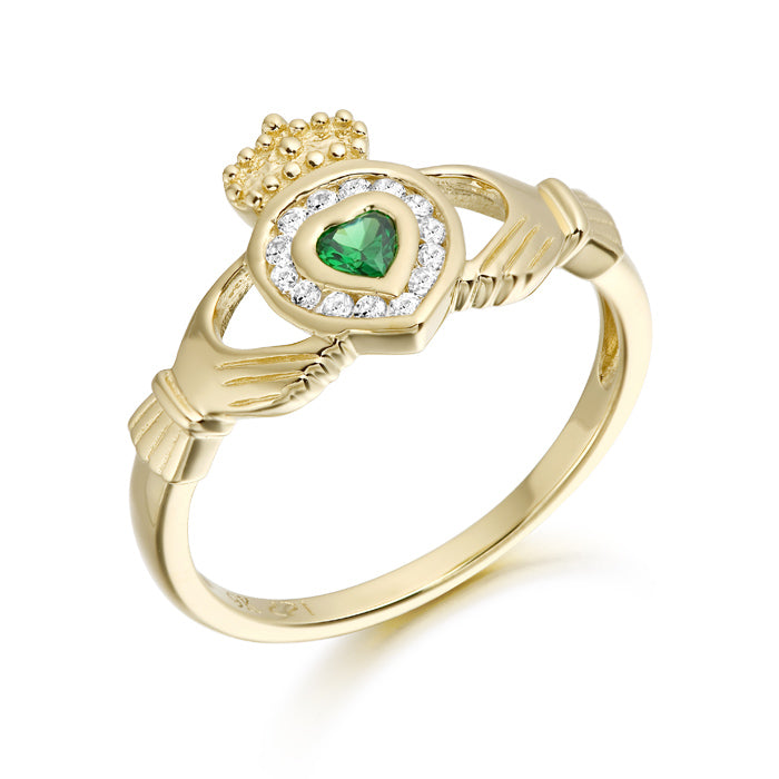 9ct Gold CZ Emerald Claddagh Ring with Channel Stone setting