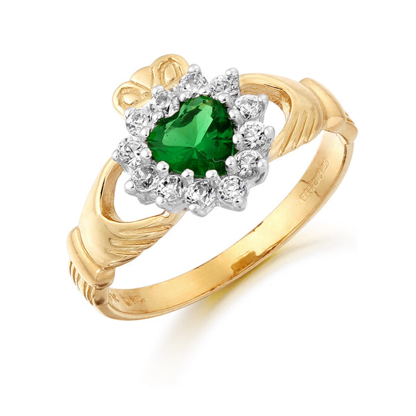 9 carat yellow gold claddagh ring with cz cubic zirconia stones and green emerald