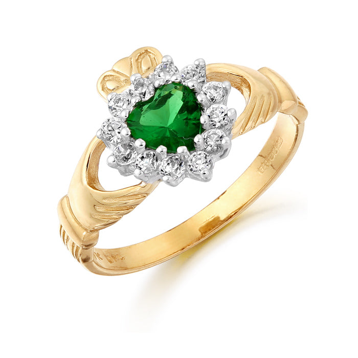 9 carat yellow gold claddagh ring with cz cubic zirconia stones and green emerald