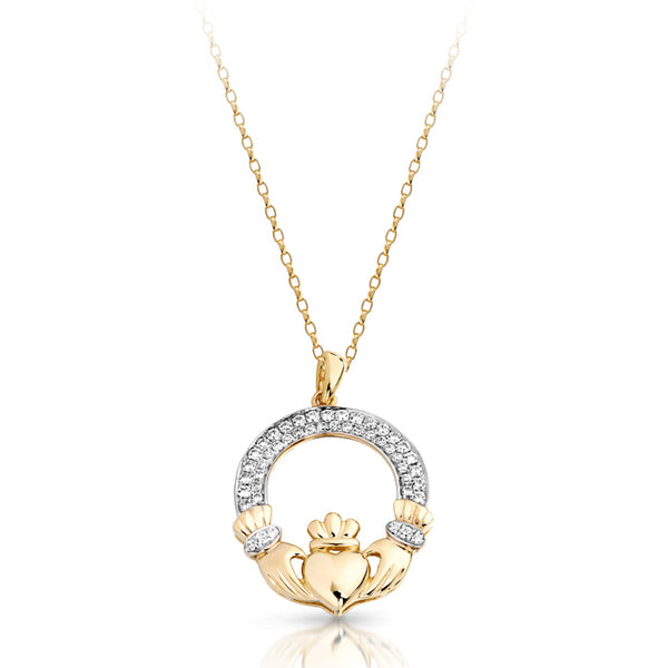 9ct Gold CZ Claddagh Pendant with Micro Pave stone setting