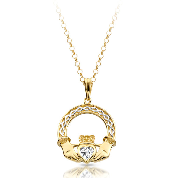 9K Gold CZ Claddagh Pendant combined with Celtic knot design.