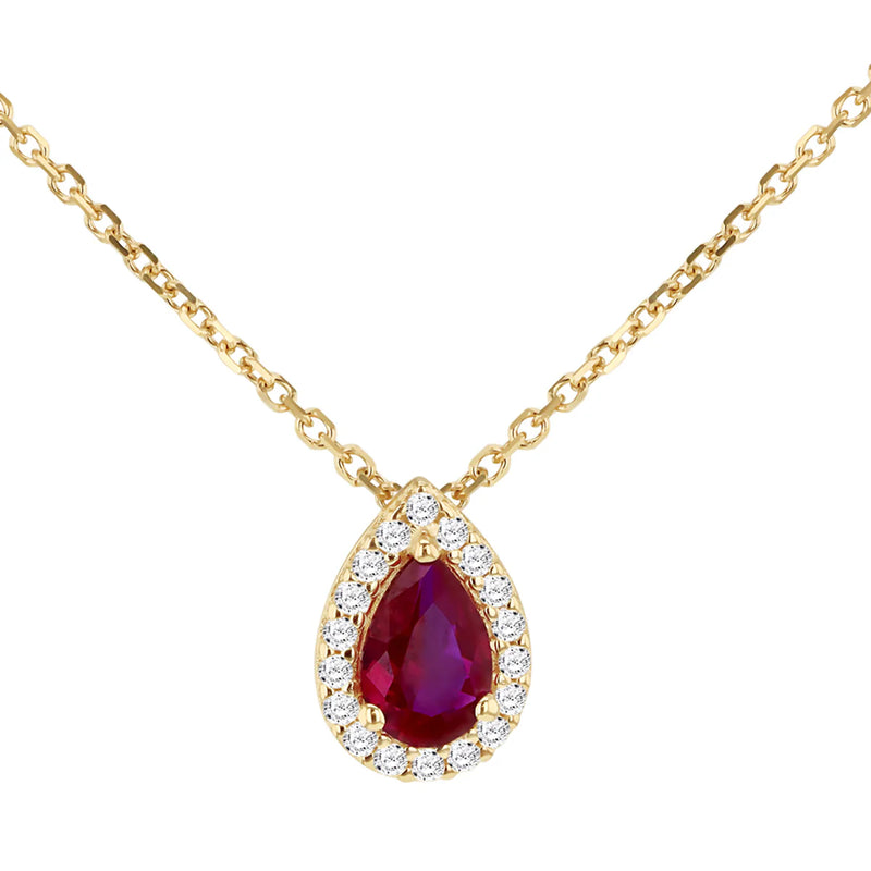 9ct Yellow Gold Red Pear Shape CZ Halo Necklace