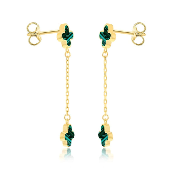 9CT YELLOW GOLD MALACHITE CLOVER PETALS DROP STUD EARRINGS