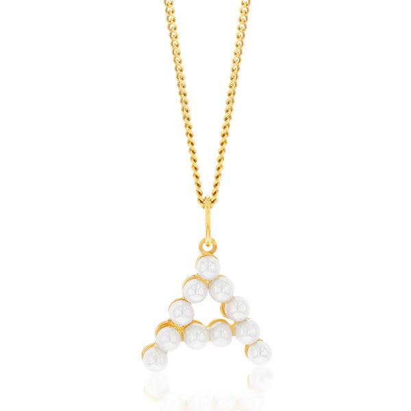 9CT YELLOW GOLD PEARLS INITIAL 'A' PENDANT AND CURB CHAIN Necklace