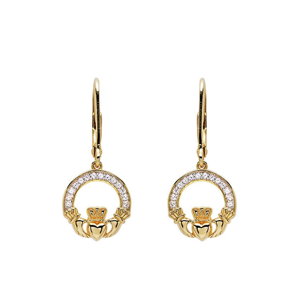 14KT Gold Vermeil CZ Drop Claddagh Earrings