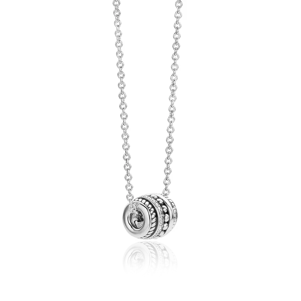 ti sento necklace features five rings with different patterns - one with a rope and oxidised effect, two with miniature silver balls, one smooth silver and another studded with cubic zirconia