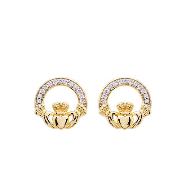 14KT Gold Vermeil CZ Stud Claddagh Earrings