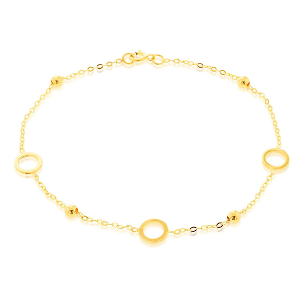 9CT YELLOW GOLD 6.5mm CIRCLE WITH 3MM BEAD BRACELET 19cm/7.5"
