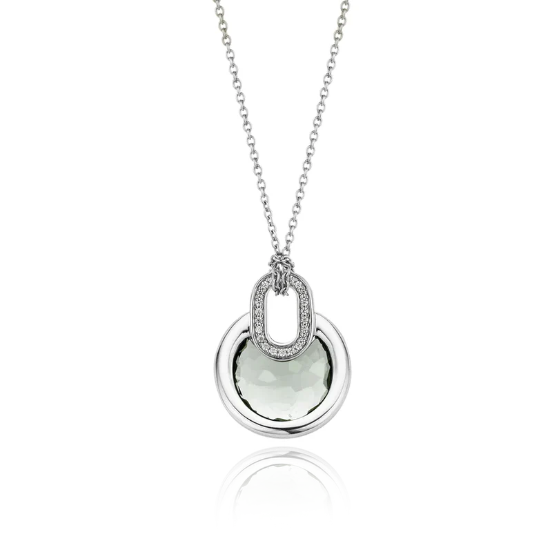  TI SENTO necklace is made of rhodium plated sterling silver. The pendant has a transparent green crystal as well as pavé-set zirconias 