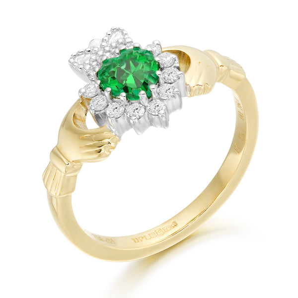 18ct Gold Diamond and Emerald Claddagh Ring
