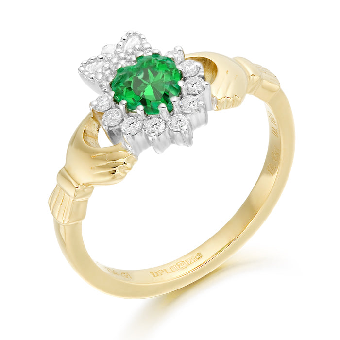 18ct Gold Diamond and Emerald Claddagh Ring