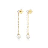 9CT YELLOW GOLD CZ PEARLS CHAIN DROP STUD EARRINGS