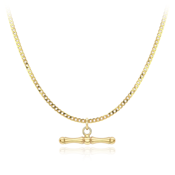 9 carat yellow gold dog bone t-bar pendant and open curb chain necklace