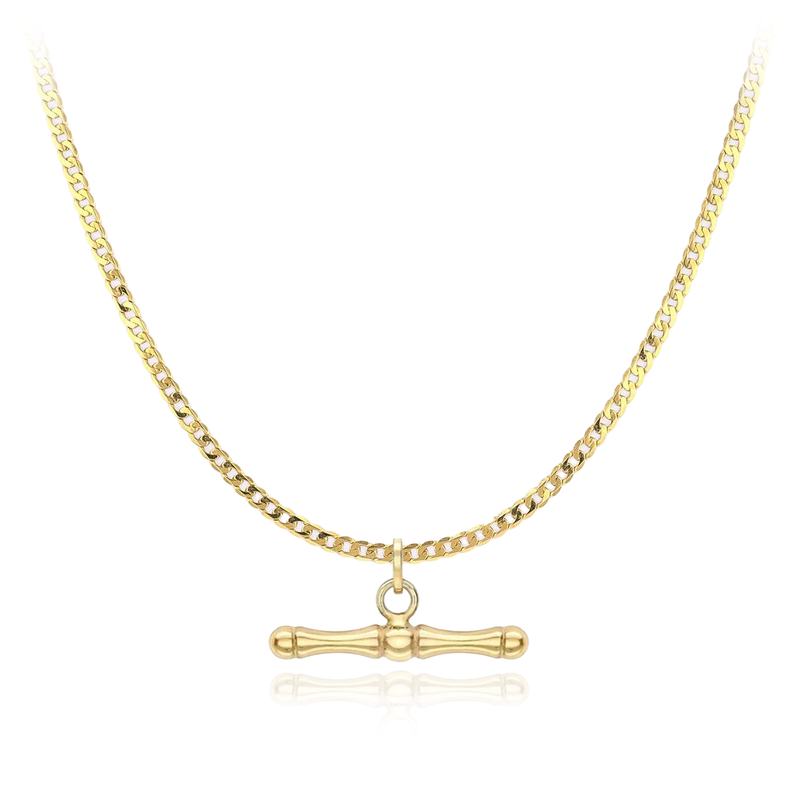 9 carat yellow gold dog bone t-bar pendant and open curb chain necklace