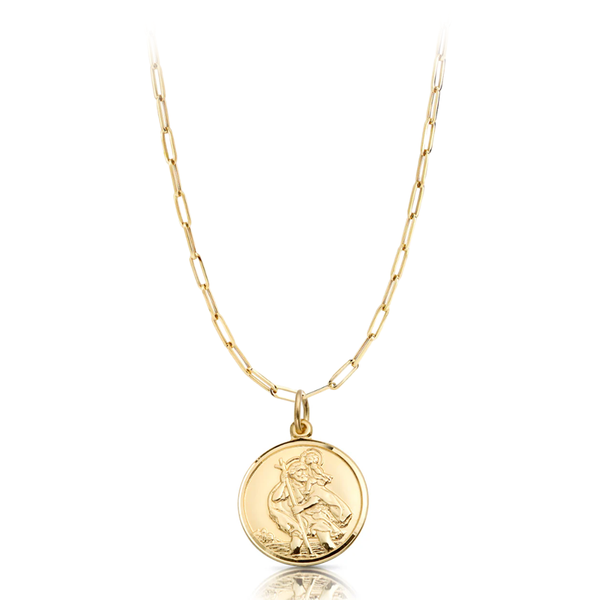 9 carat yellow gold st christopher medal pendant with paper chain necklace