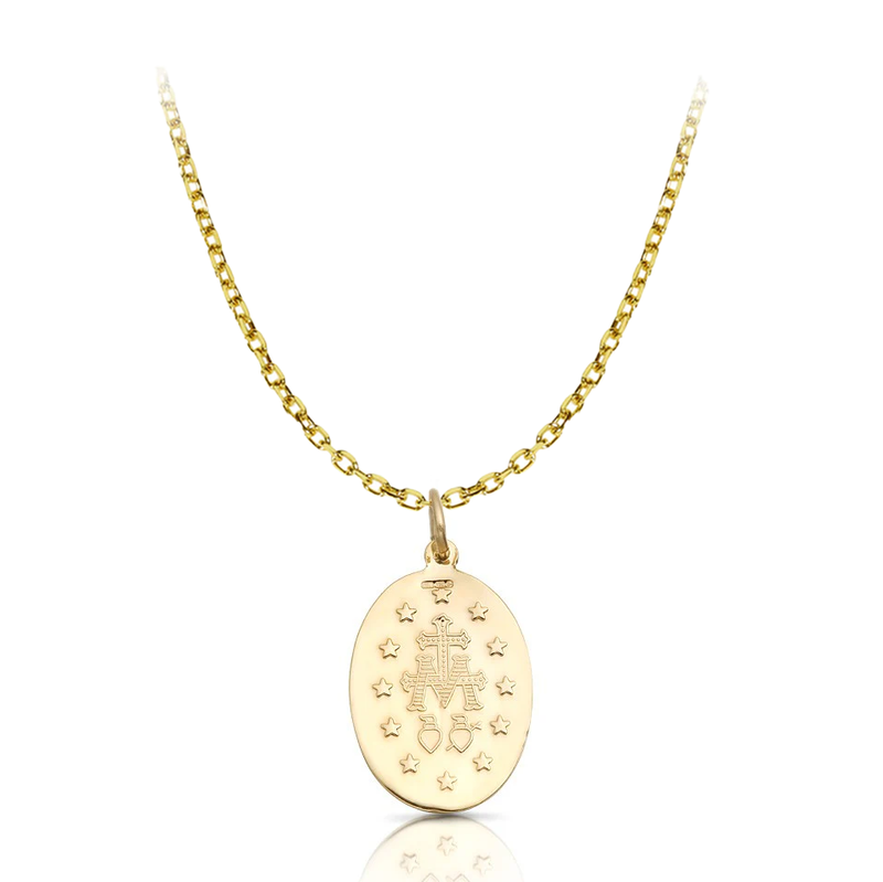 9 carat yellow gold miraculous medal pendant round bercher chain necklace