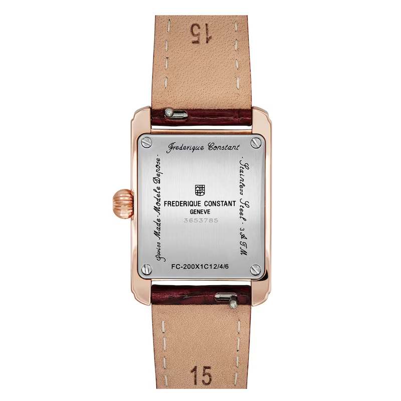 Frederique Constant CLASSICS CARREE Ladies red brown leather strap bracelet gold case white dial black numerals Watch