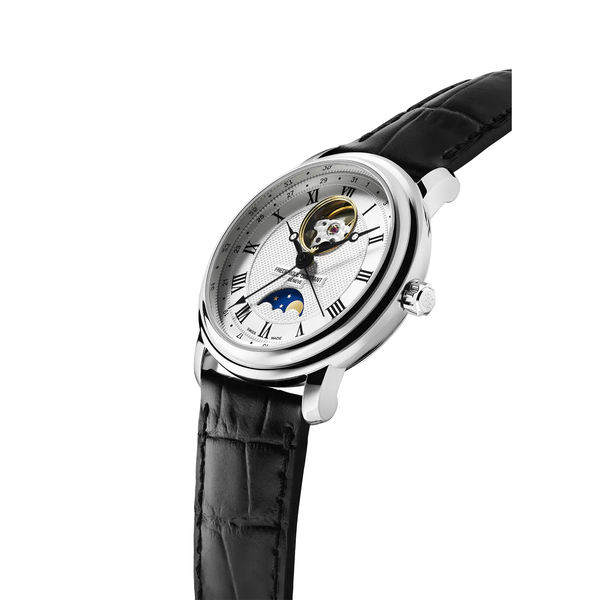 Frederique Constant HEART BEAT MOONPHASE DATE black leather bracelet st Watchap white face silver steel case