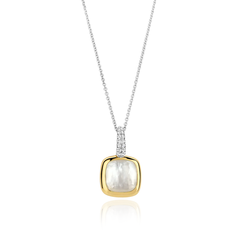  TI SENTO gold-plated pendant showcases a mother of pearl cushion shaped stone handset in a radiant yellow gold-plated setting