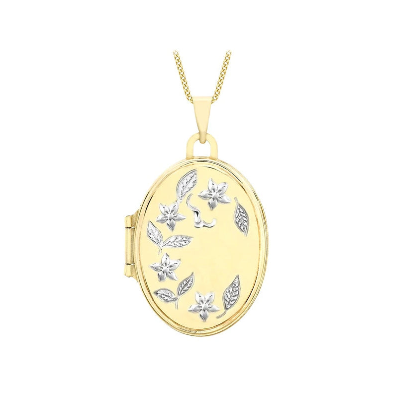 9ct 2-Tone Gold Floral-Detail Oval Locket