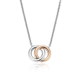 TI SENTO necklace has two entwined circles. One of the circles is rose gold plated. The necklace is made of rhodium plated sterling silver