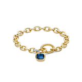 gold plated chain bracelet with cz stones and blue cushion stone