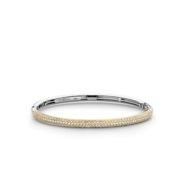 TI SENTO gold-plated silver bangle bracelet features a pavé of white cubic zirconia