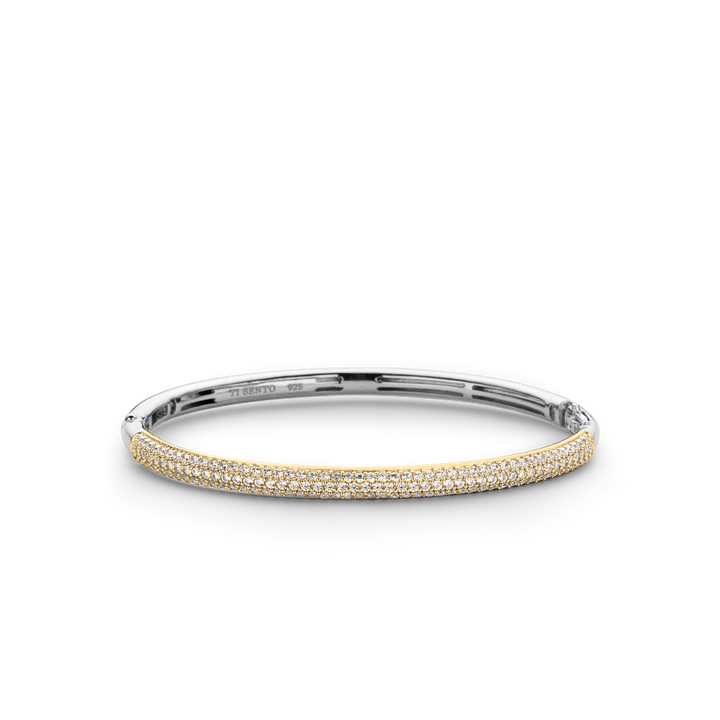 TI SENTO gold-plated silver bangle bracelet features a pavé of white cubic zirconia