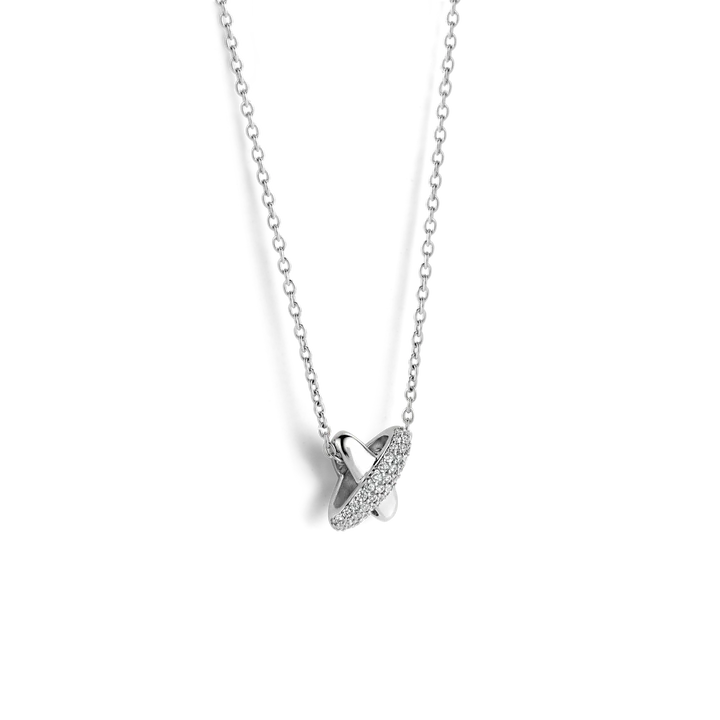 TI SENTO silver necklace flaunts a sterling silver link and a link with a pavé of white cubic zirconia stones forming an elegant cross shape