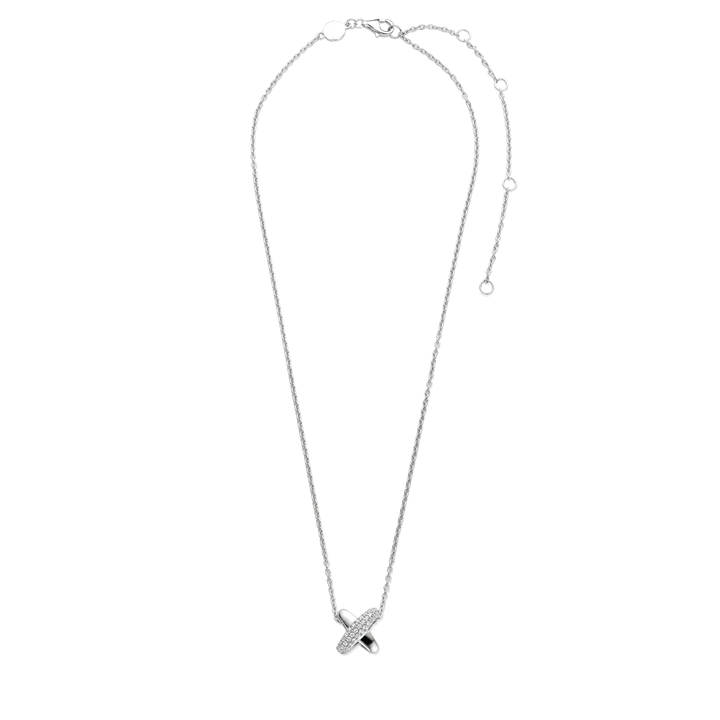 TI SENTO silver necklace flaunts a sterling silver link and a link with a pavé of white cubic zirconia stones forming an elegant cross shape