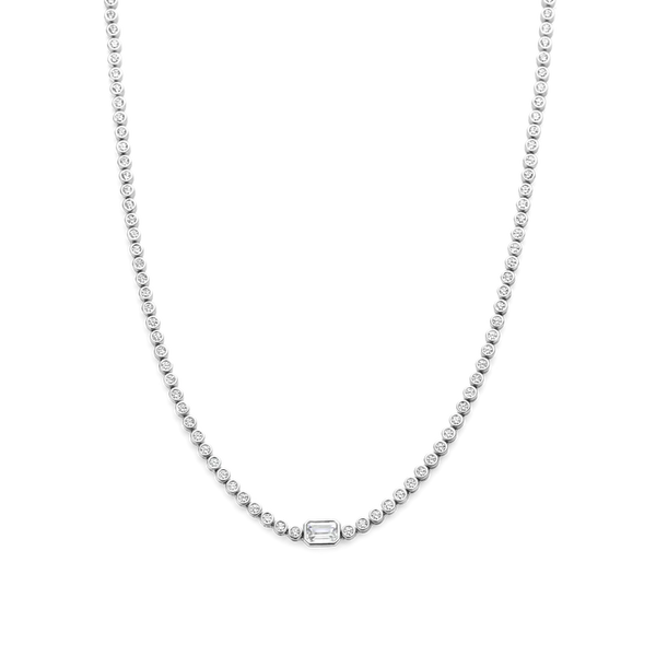 TI SENTO Silver Tennis Necklace. Crafted from 925 sterling silver and plated with platinum for lasting brilliance, this necklace features a dazzling row of white cubic zirconia stones