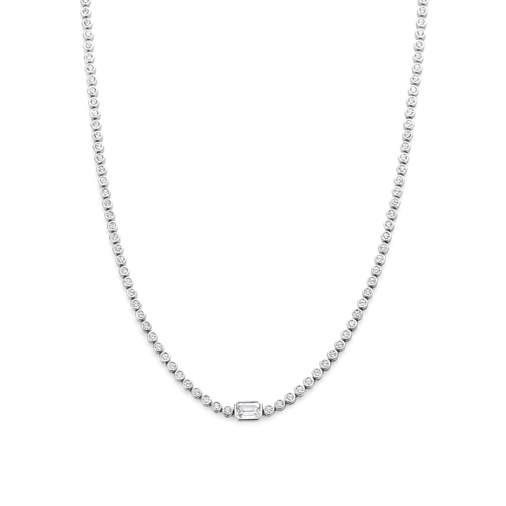 TI SENTO Silver Tennis Necklace. Crafted from 925 sterling silver and plated with platinum for lasting brilliance, this necklace features a dazzling row of white cubic zirconia stones