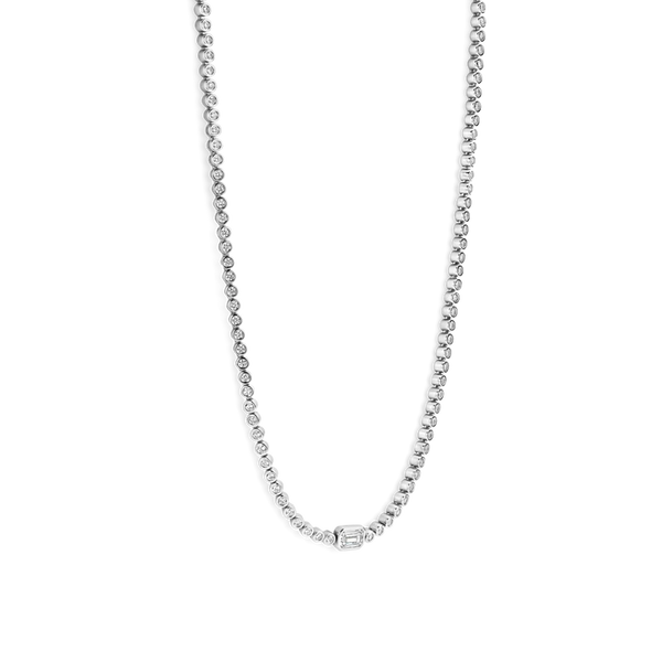 TI SENTO Silver Tennis Necklace. Crafted from 925 sterling silver and plated with platinum for lasting brilliance, this necklace features a dazzling row of white cubic zirconia stones