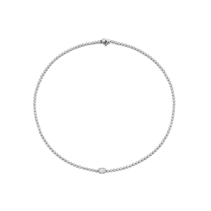 TI SENTO Silver Tennis Necklace. Crafted from 925 sterling silver and plated with platinum for lasting brilliance, this necklace features a dazzling row of white cubic zirconia stones