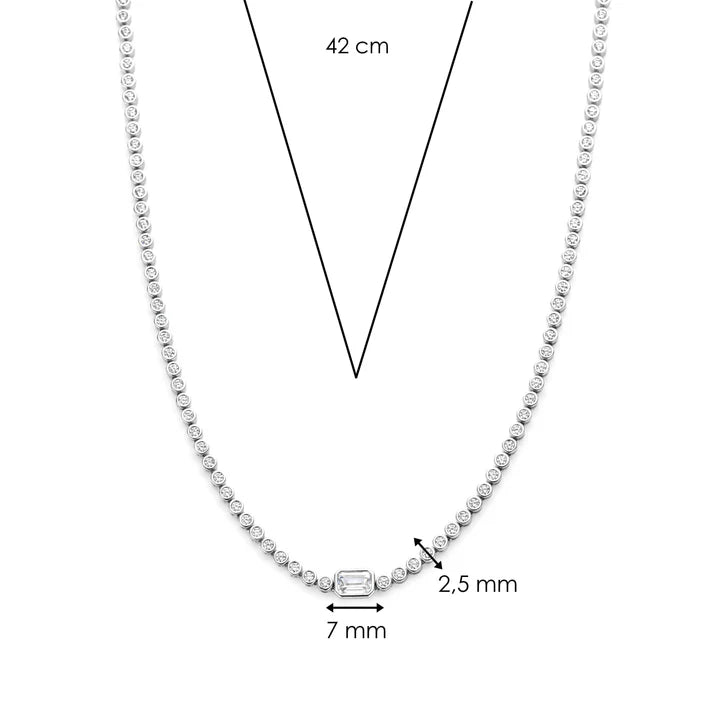 TI SENTO Silver Tennis Necklace. Crafted from 925 sterling silver and plated with platinum for lasting brilliance, this necklace features a dazzling row of white cubic zirconia stones